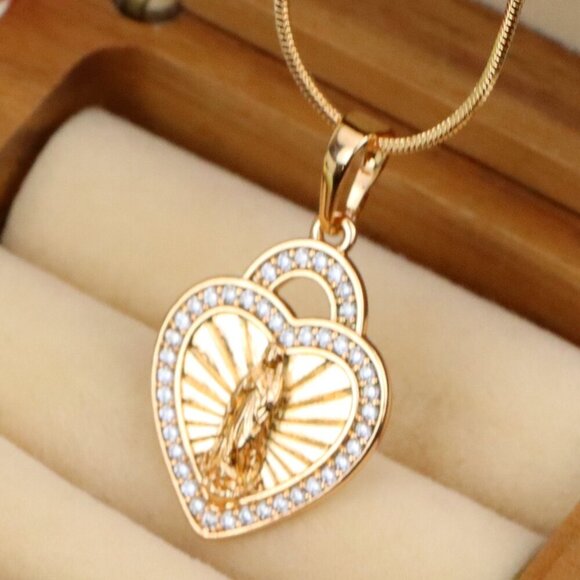 ✔ACCEPT OFFER Jewelry - "Religious Rose Gold Heart Pendant with Virgin Mary and Crystals, XPPT1273